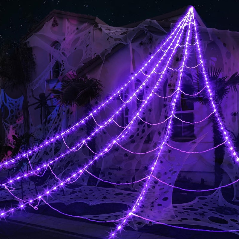 Zivilic Halloween Spider Web Lights 290 LED Lighted Spider Web Giant 23 Ft Halloween Decorations Light up with 8 Lighting Modes Waterproof & Timer for Outdoor Indoor Yard Haunted House Decor, Purple - Image 1